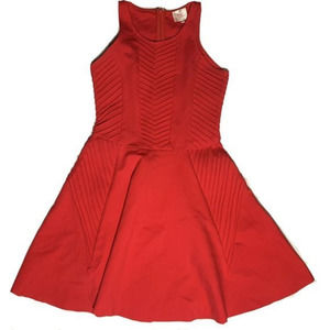 PARKER Fay Red Pintucked Ponte Knit Fit and Flare Mini Skater‎ Dress, Juniors XS